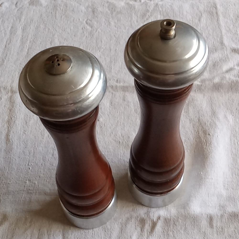 Pewter and wood salt shaker and pepper mill